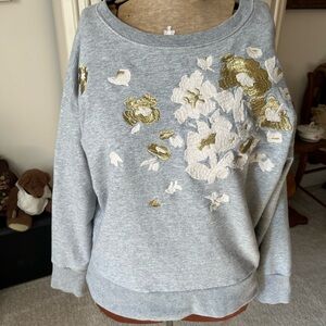 J. Crew Heather Gray Sweatshirt with Gold and Cream Floral embroidery